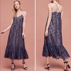 Anthropologie Moulinette Soeurs Celestial Lace Dress - Navy Blue Tiered Midi 2
